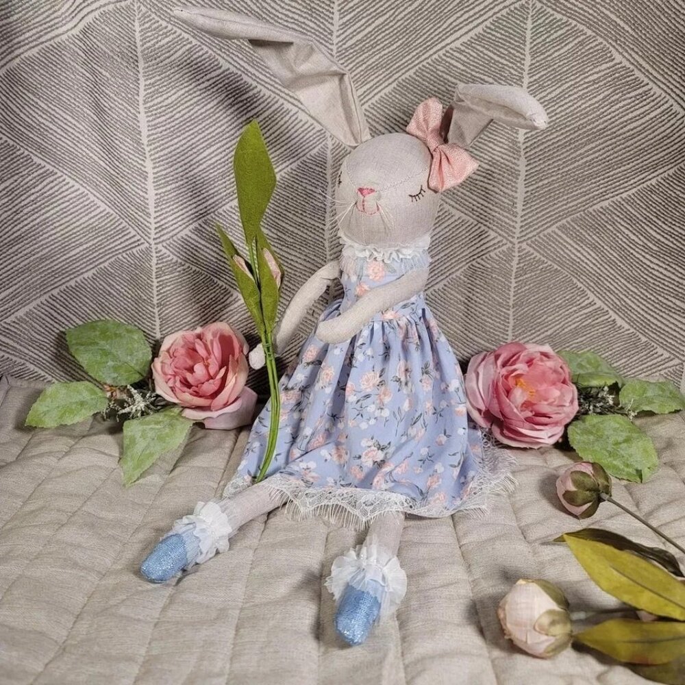 Floral Spring Plush Linen Weighted Decor Girl Bunny Rabbit Dress Flowers & Bow